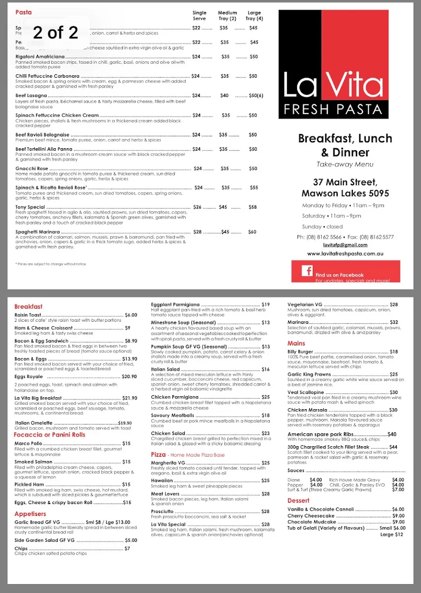 Menu, La Vita Fresh Pasta