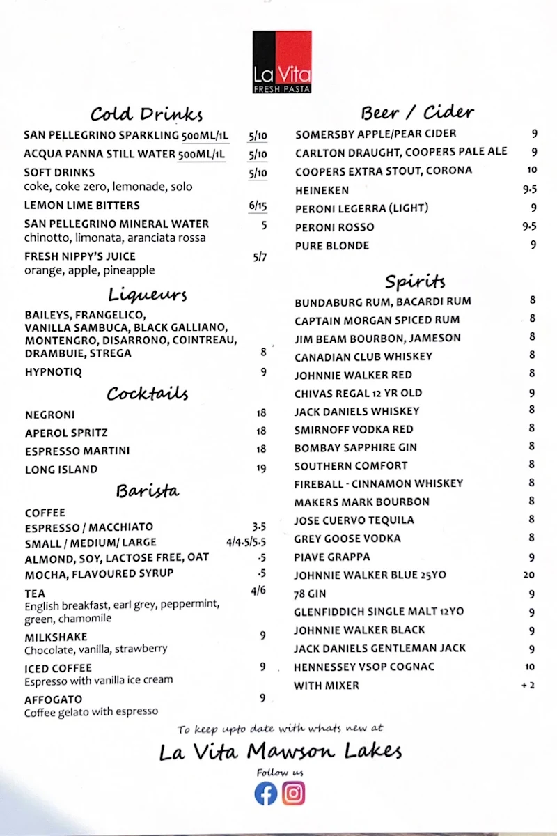 Menu, La Vita Fresh Pasta