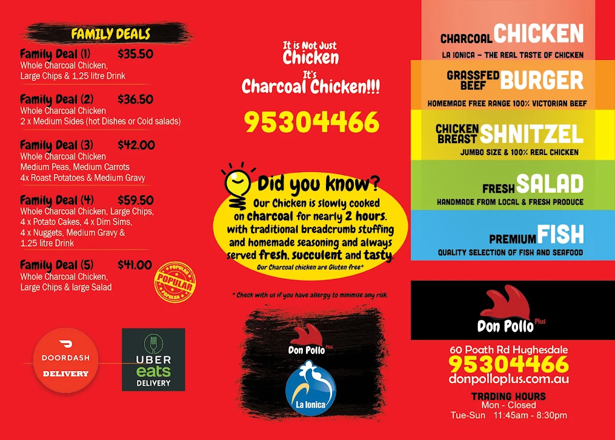 Menu, Don Pollo Plus Charcoal Chicken & Burgers