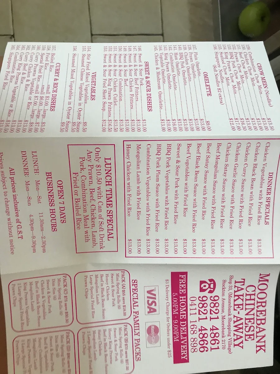 Menu, Moorebank Chinese Take Away Food