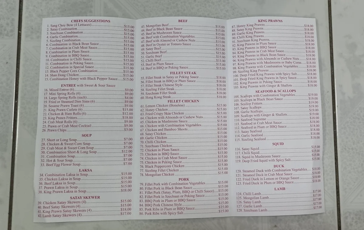 Menu, Moorebank Chinese Take Away Food