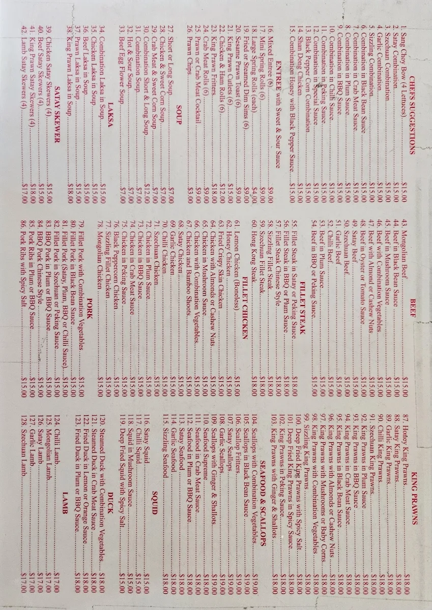 Menu, Moorebank Chinese Take Away Food
