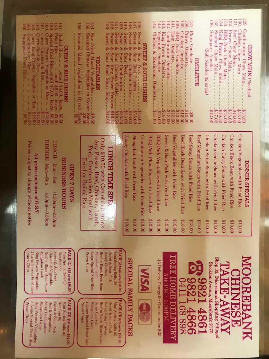 Menu, Moorebank Chinese Take Away Food
