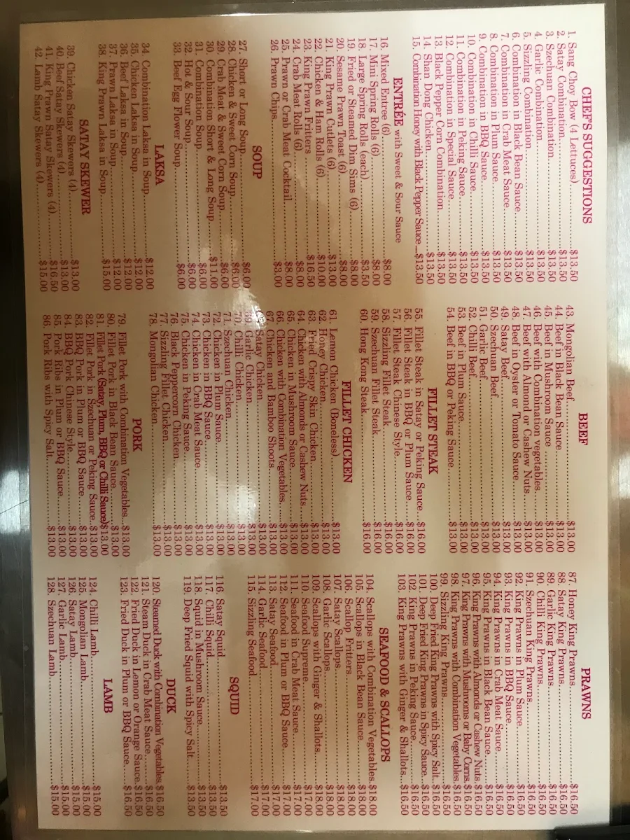 Menu, Moorebank Chinese Take Away Food