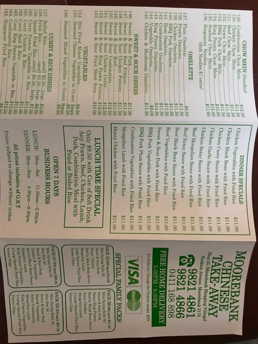 Menu, Moorebank Chinese Take Away Food
