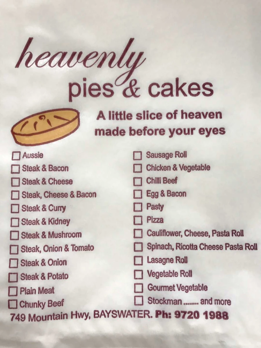 Menu, Heavenly Pies & Cakes