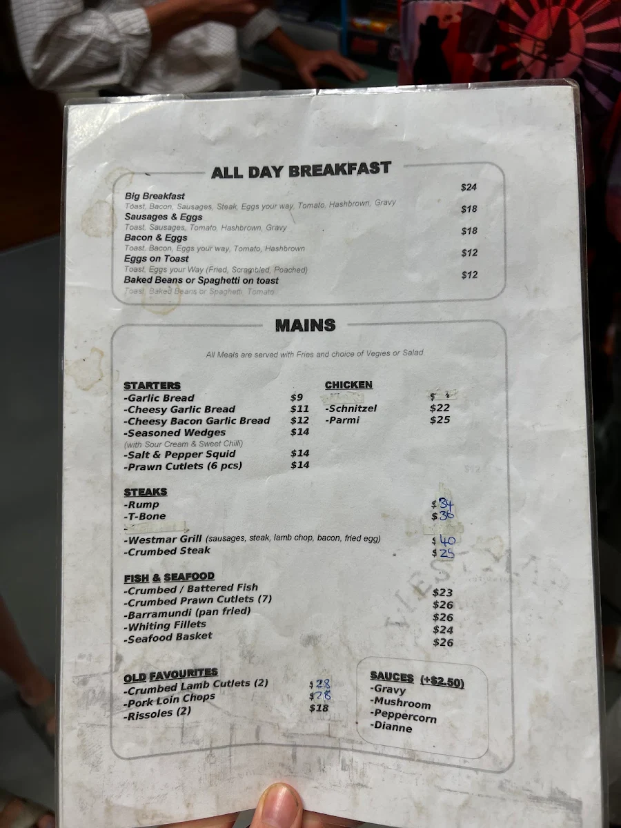 Menu, Westmar Pub & Convenience Store
