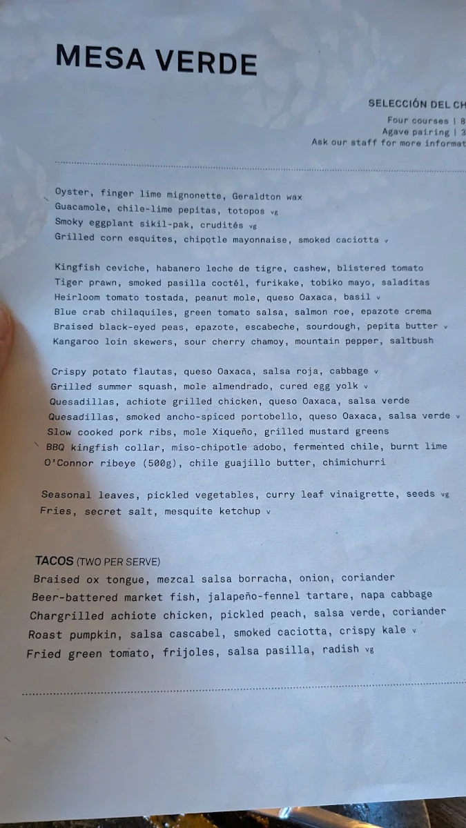 Menu, Mesa Verde