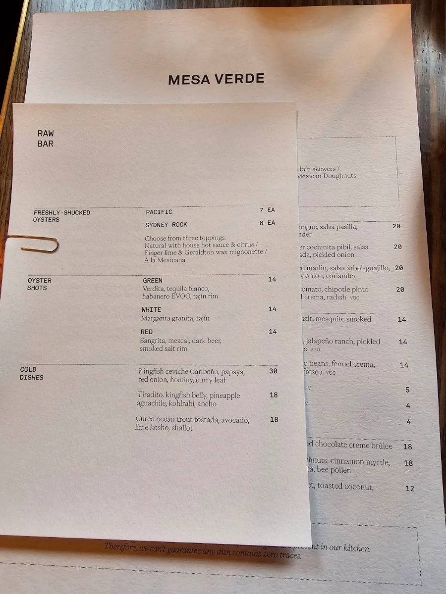 Menu, Mesa Verde