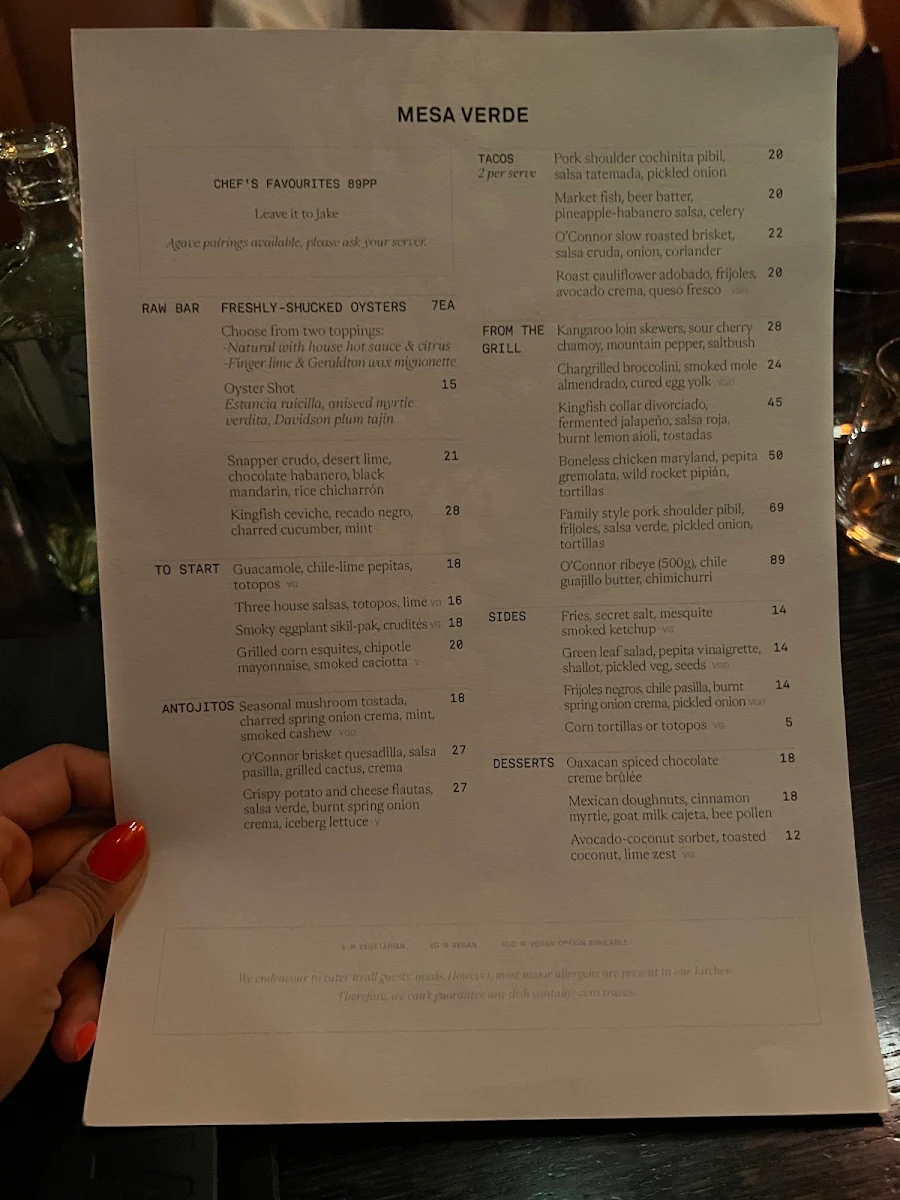 Menu, Mesa Verde
