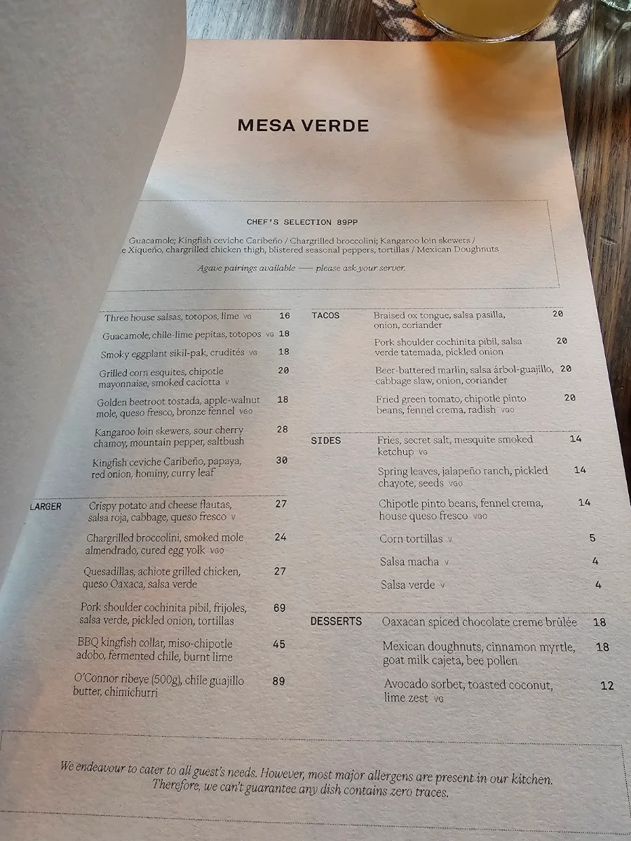 Menu, Mesa Verde