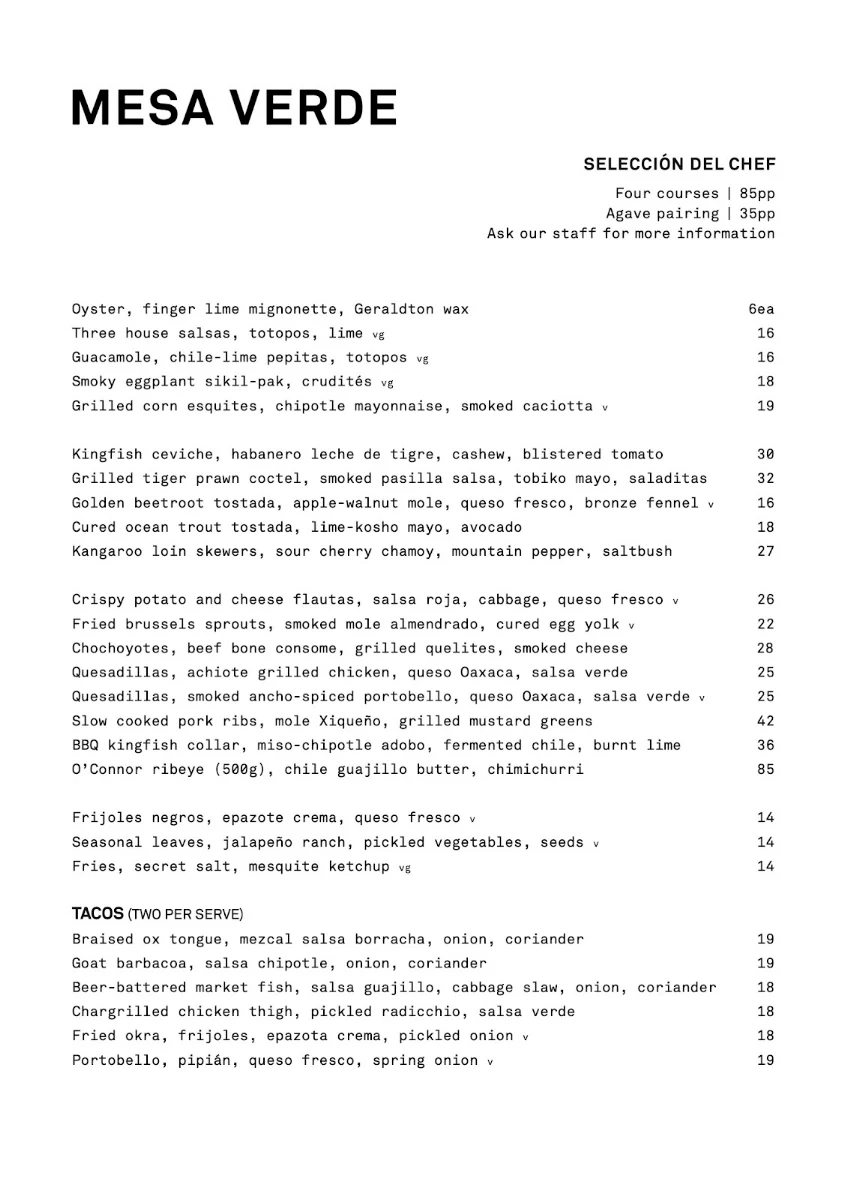 Menu, Mesa Verde