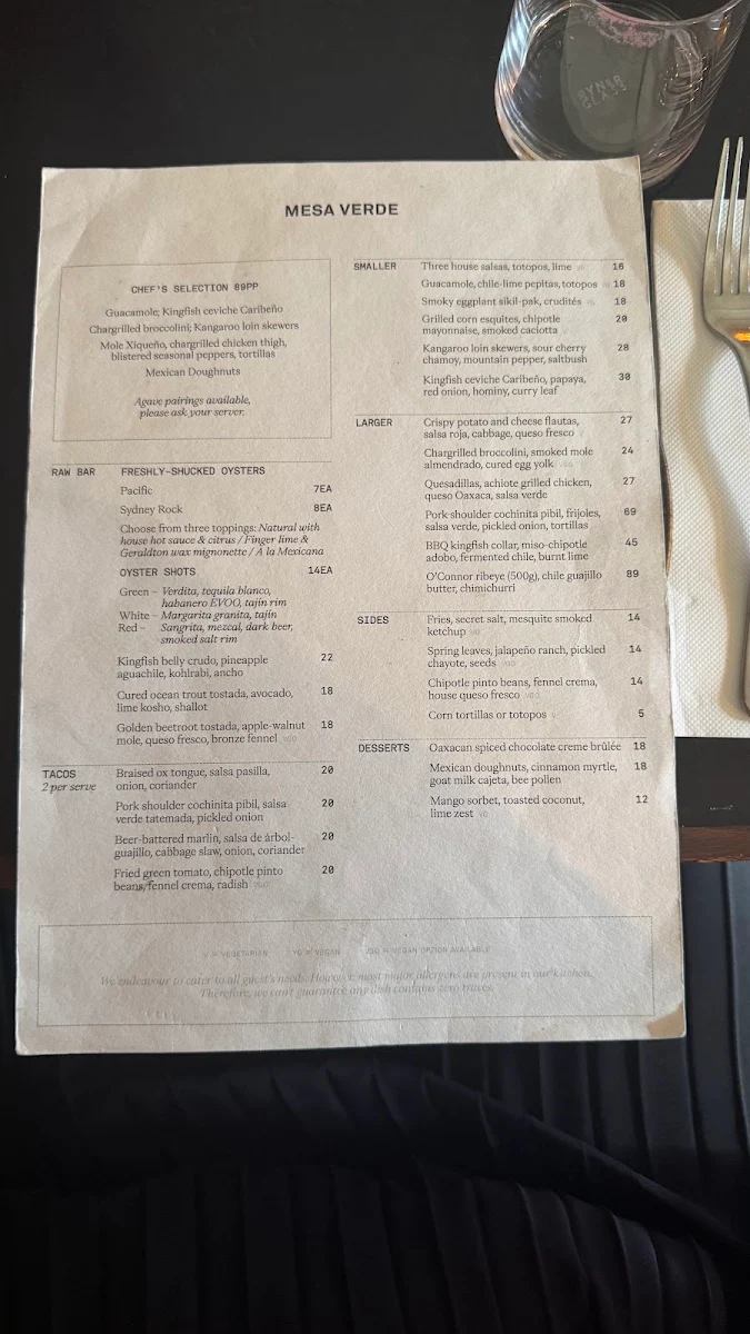 Menu, Mesa Verde
