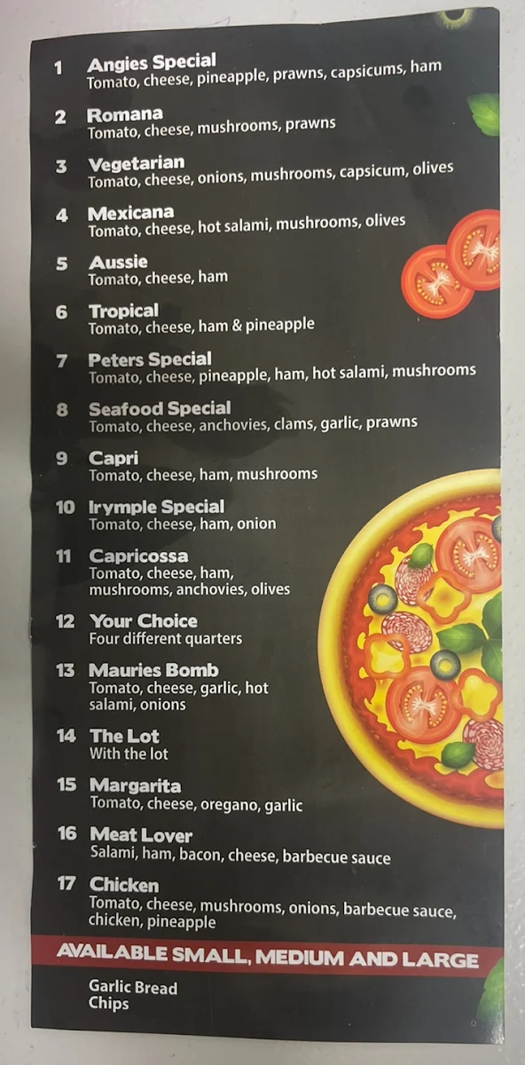 Menu, Angies Pizza