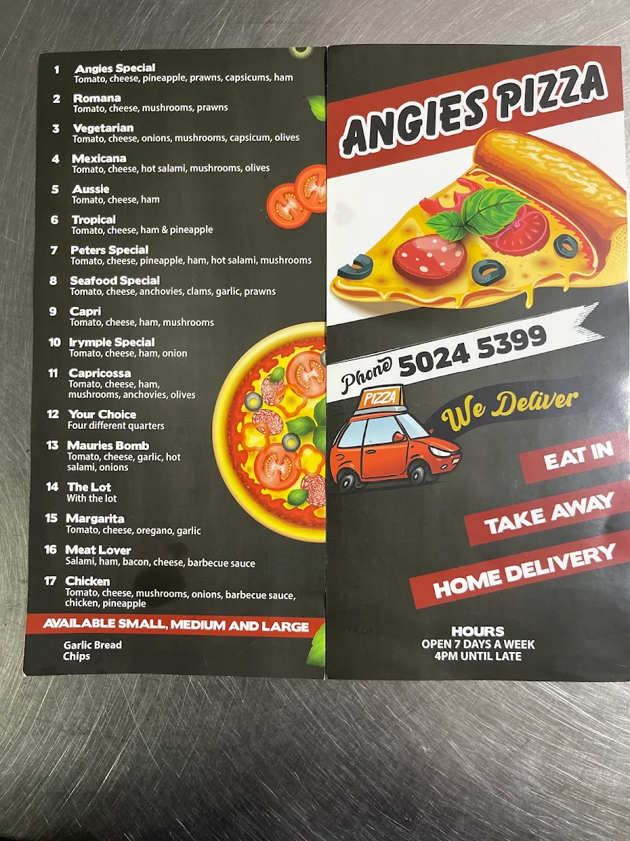 Menu, Angies Pizza