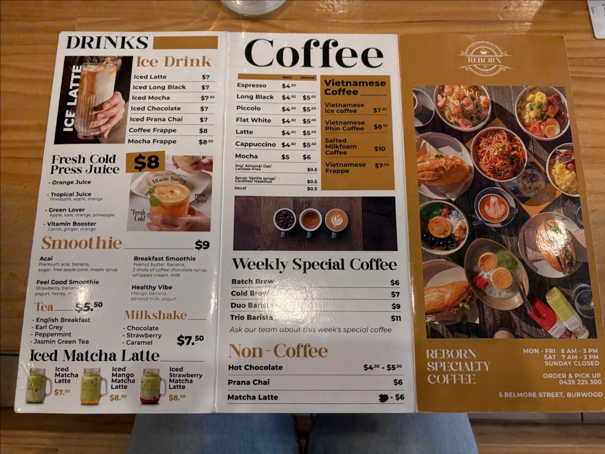 Menu, Reborn Cafe Burwood