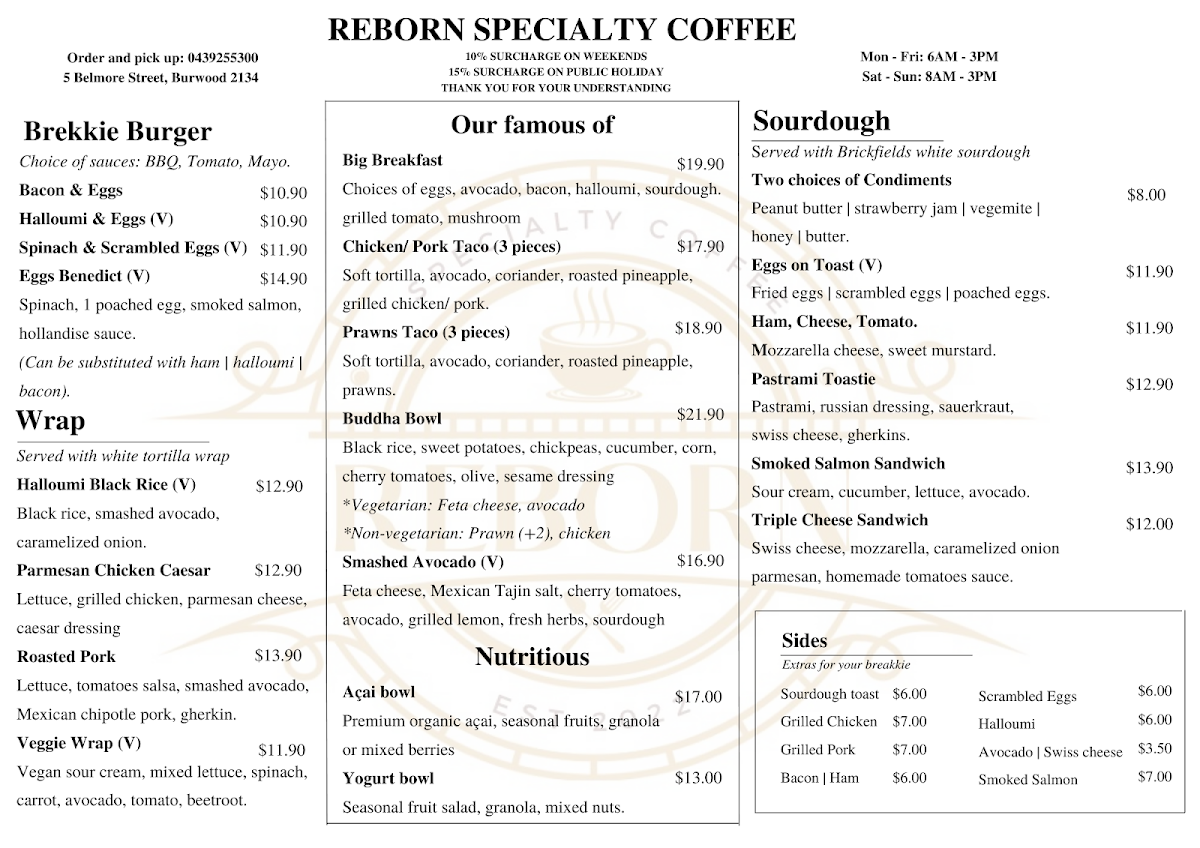 Menu, Reborn Cafe Burwood