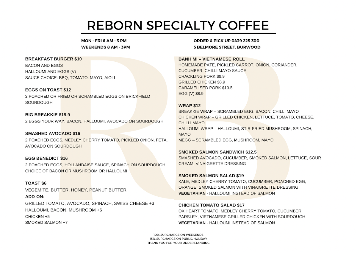 Menu, Reborn Cafe Burwood