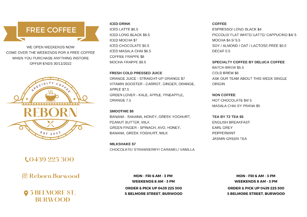 Menu, Reborn Cafe Burwood