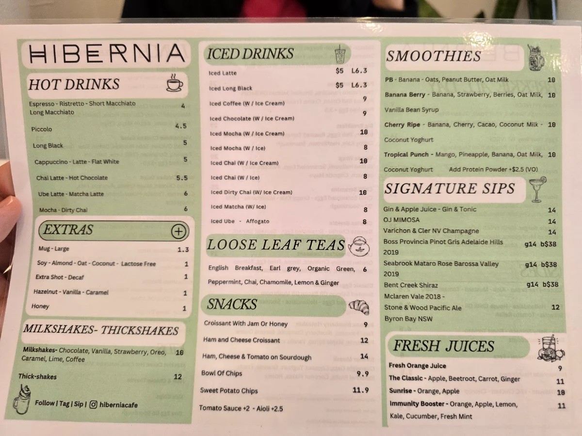 Menu, Hibernia Cafe