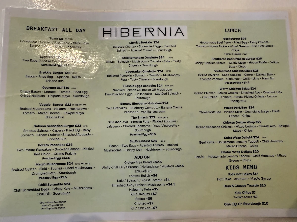 Menu, Hibernia Cafe