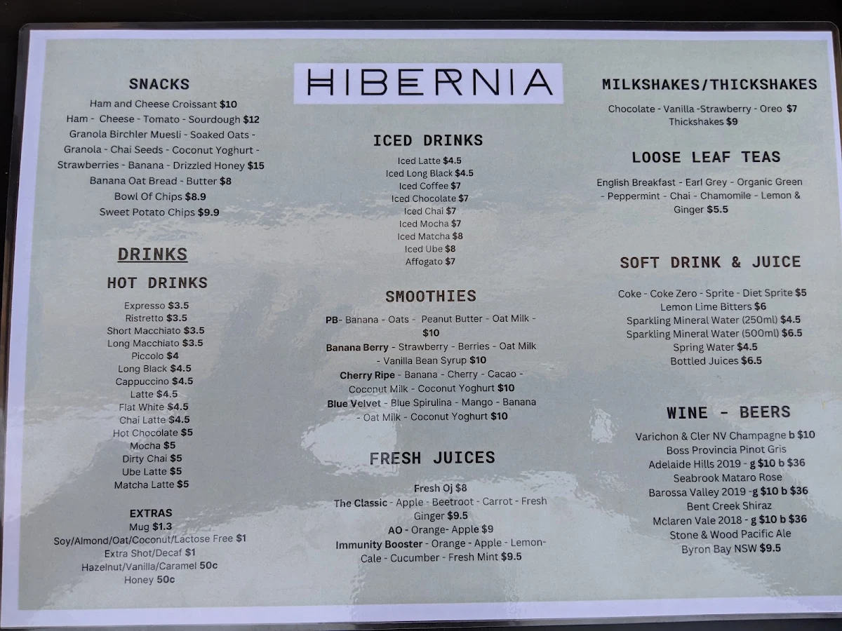 Menu, Hibernia Cafe