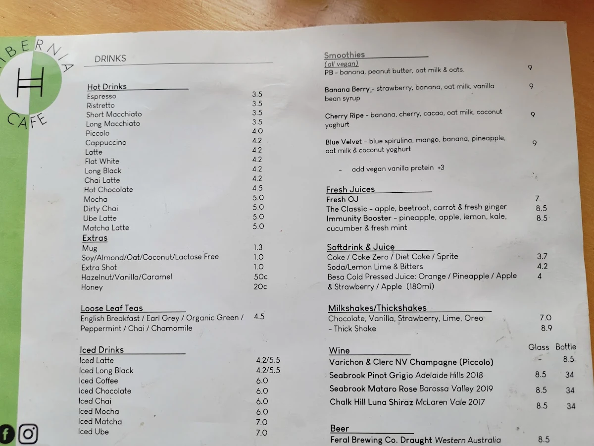Menu, Hibernia Cafe