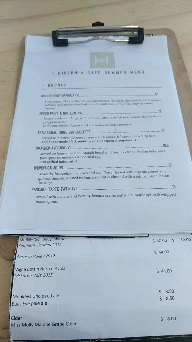 Menu, Hibernia Cafe