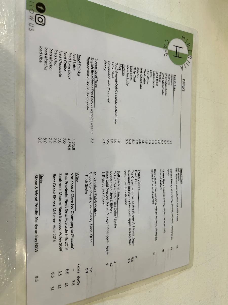 Menu, Hibernia Cafe