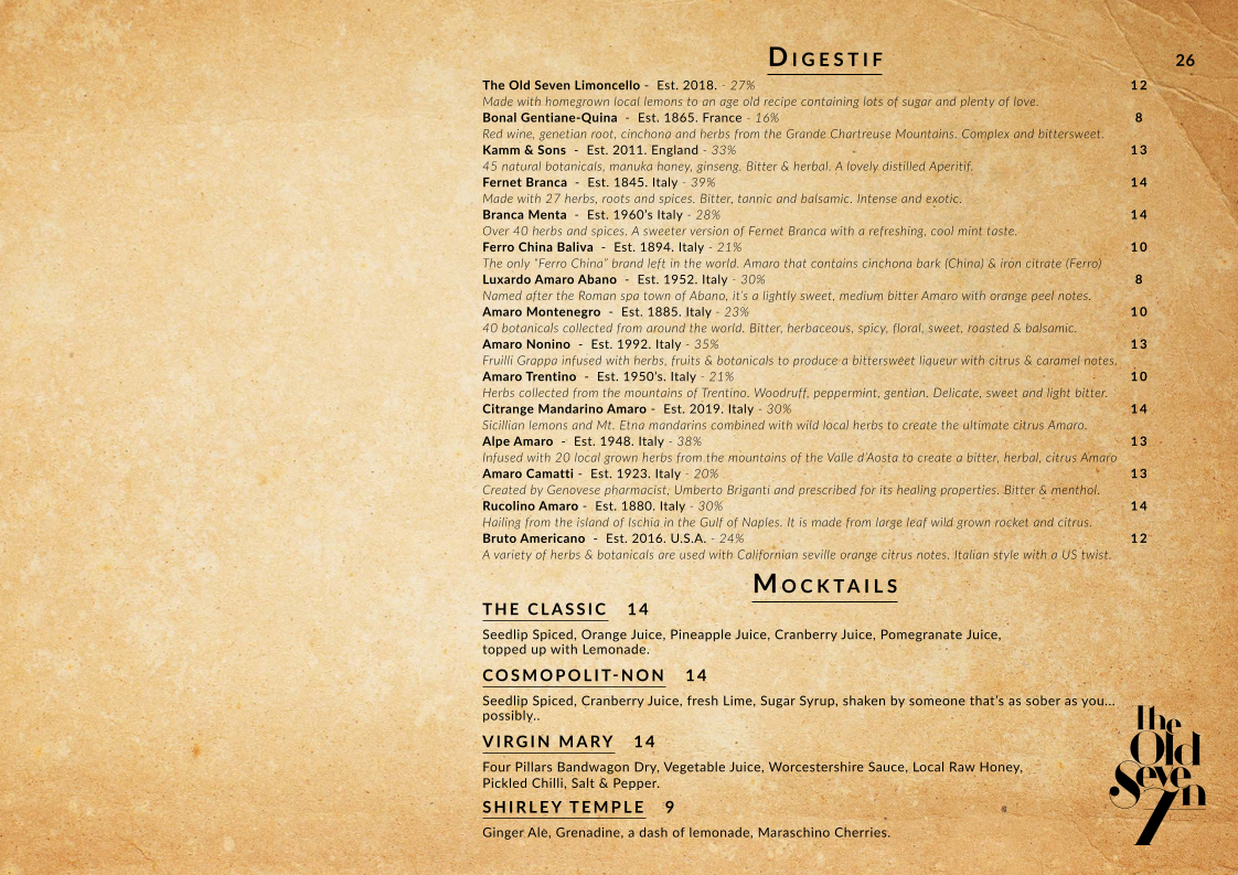 Menu, The Old Seven