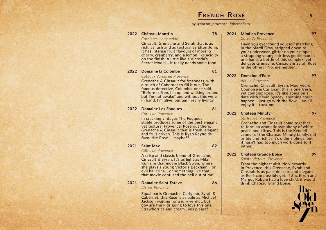 Menu, The Old Seven