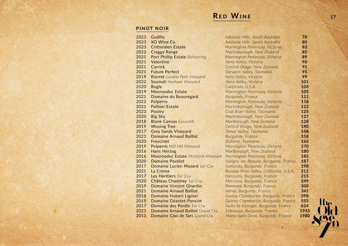 Menu, The Old Seven
