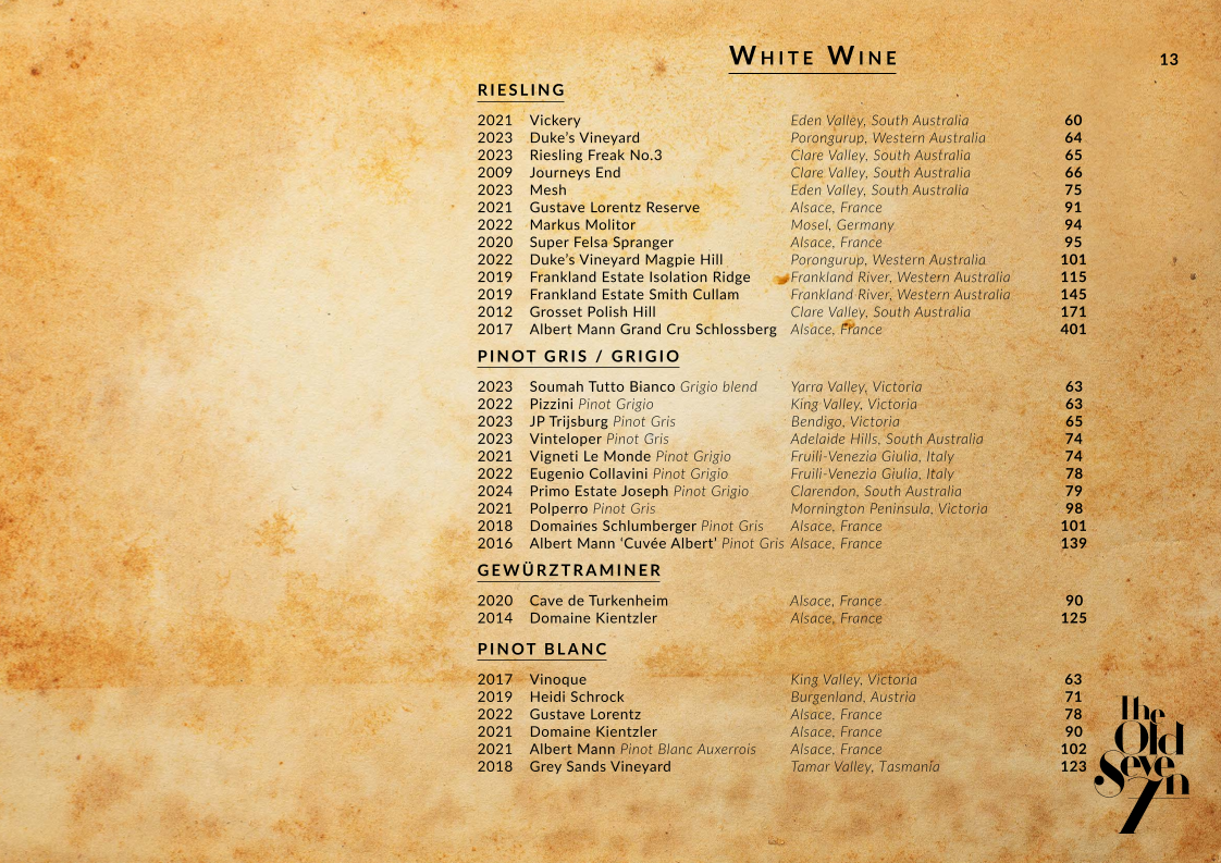 Menu, The Old Seven