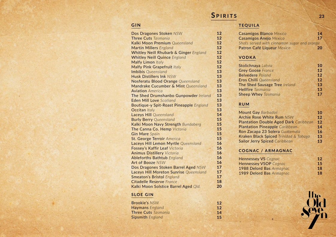 Menu, The Old Seven