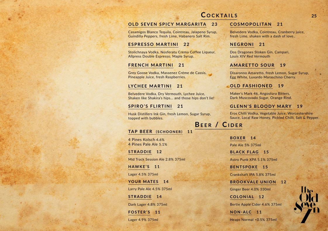 Menu, The Old Seven