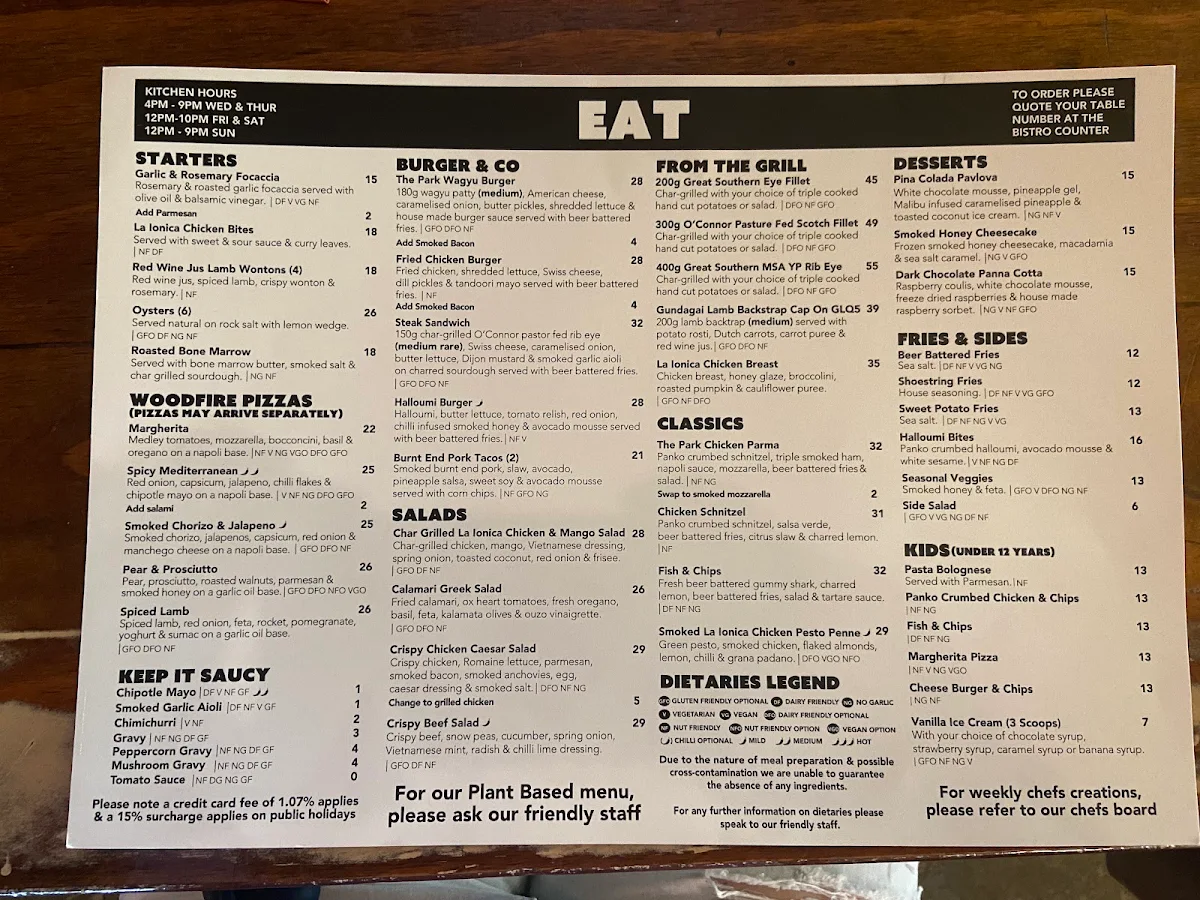 Menu, The Park Hotel Werribee