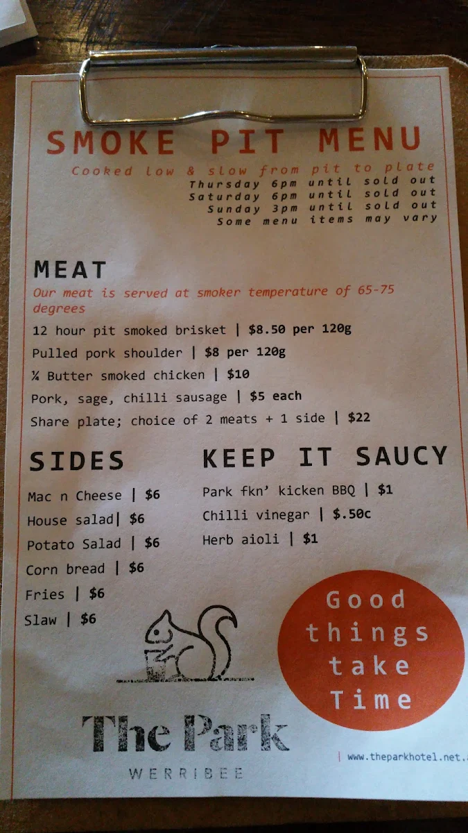 Menu, The Park Hotel Werribee