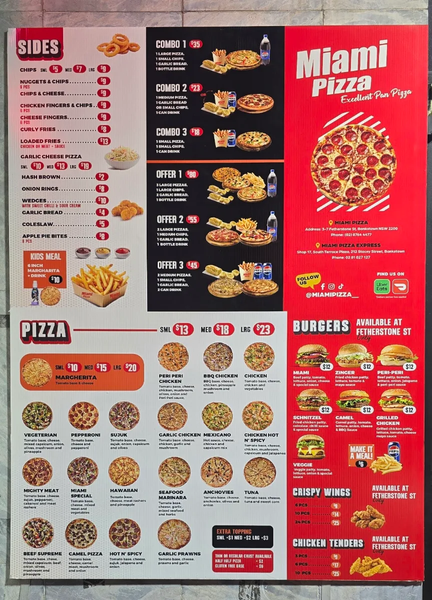 Menu, Miami Pizza