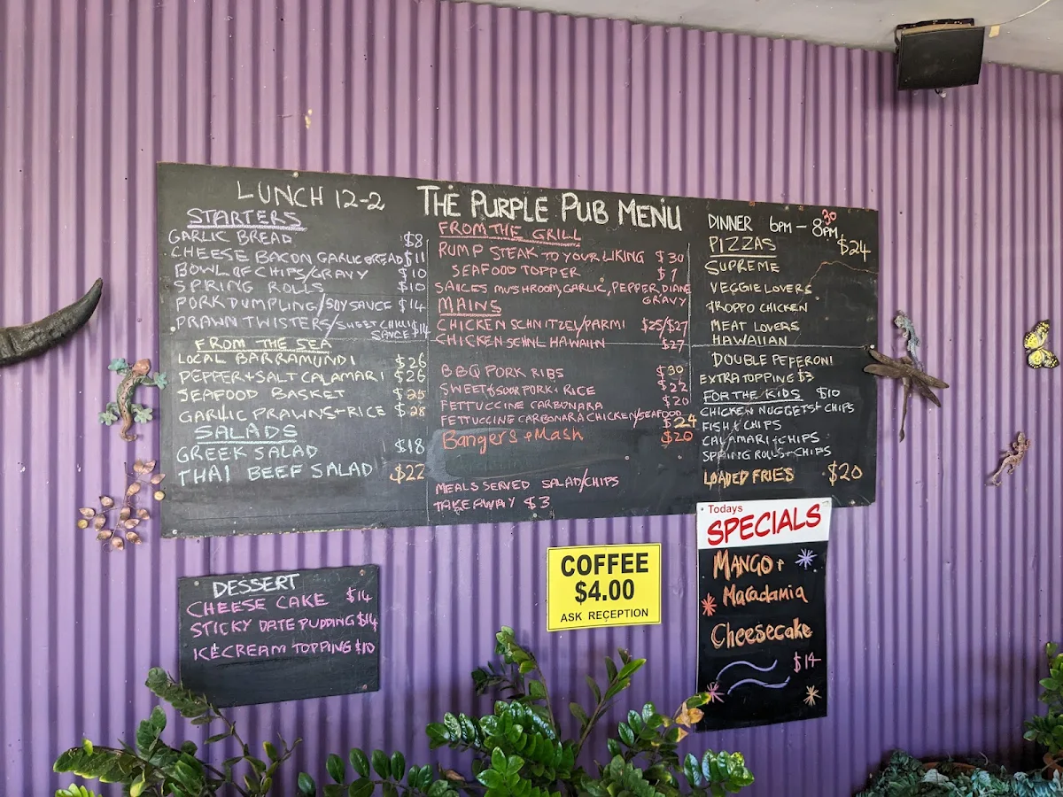 Menu, Purple Pub Brolga Palms Motel