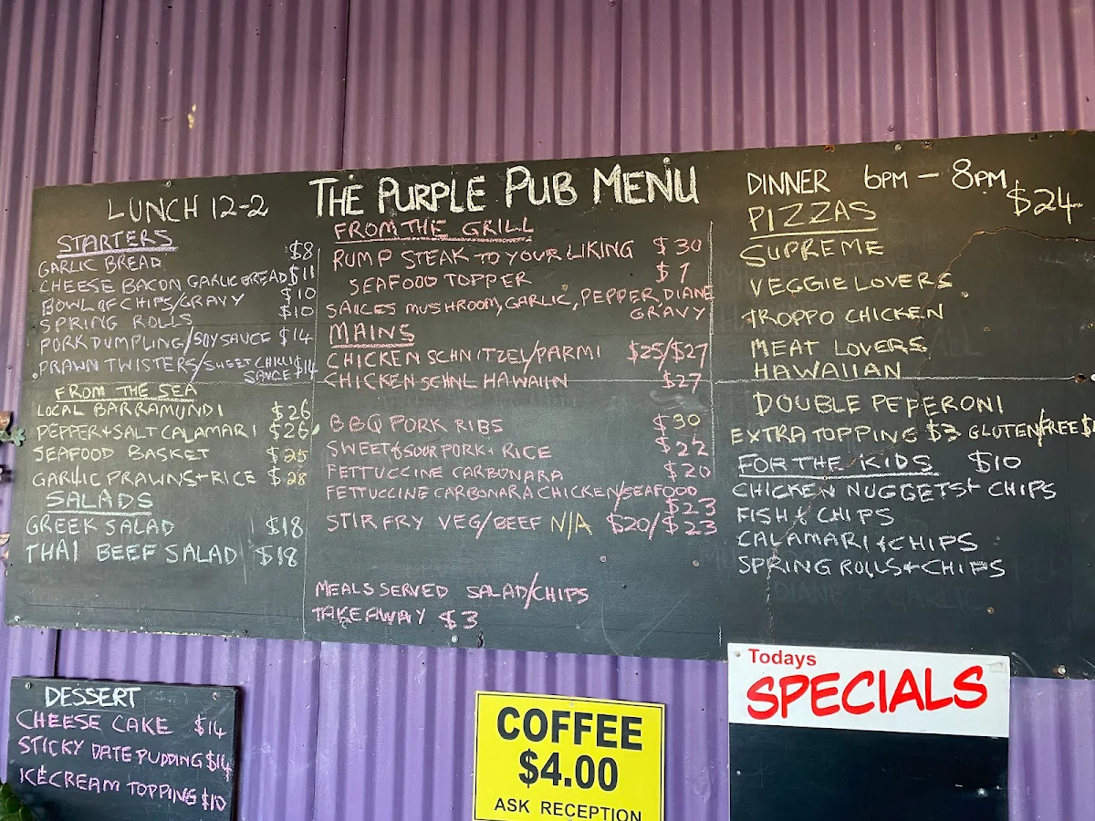 Menu, Purple Pub Brolga Palms Motel