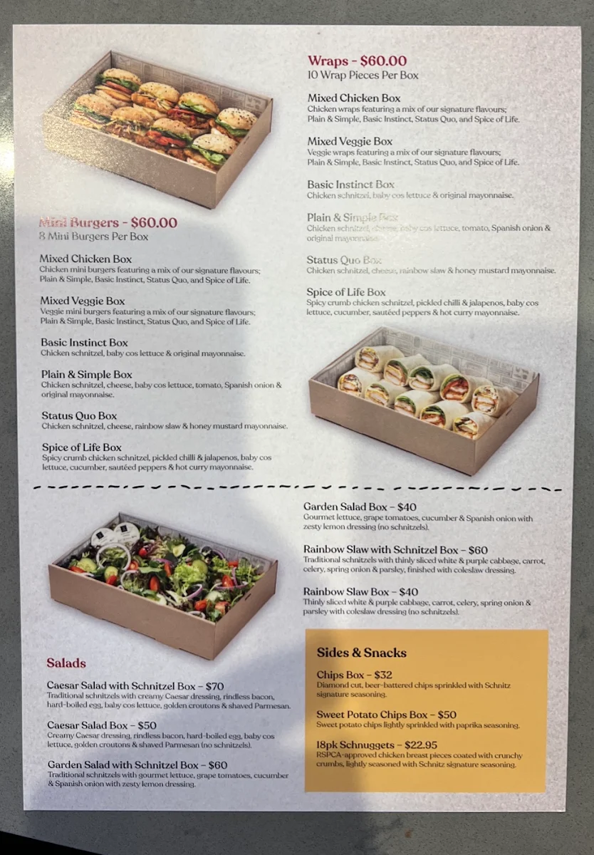 Menu, Schnitz Airport West