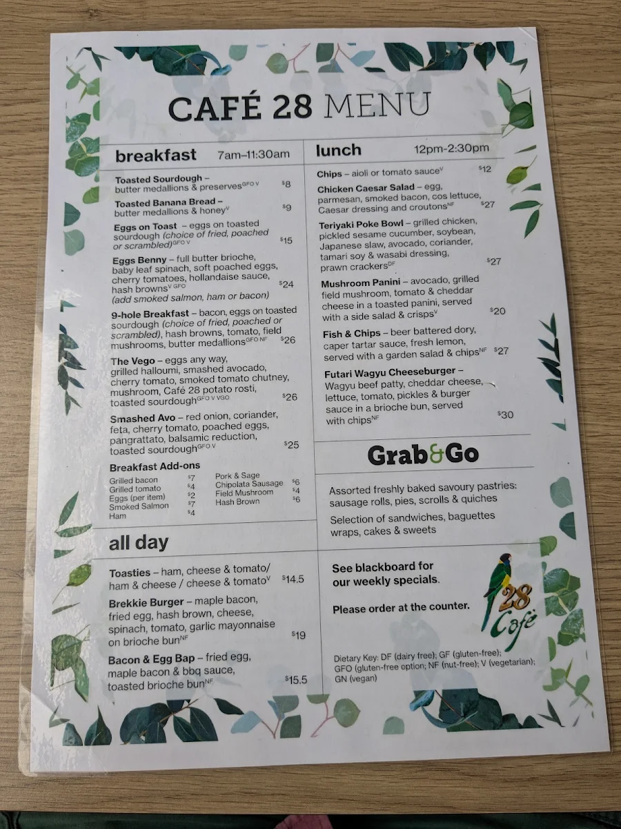 Menu, Cafe 28