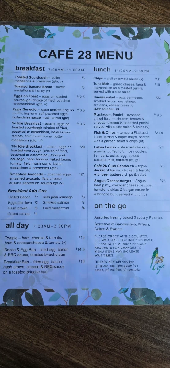 Menu, Cafe 28