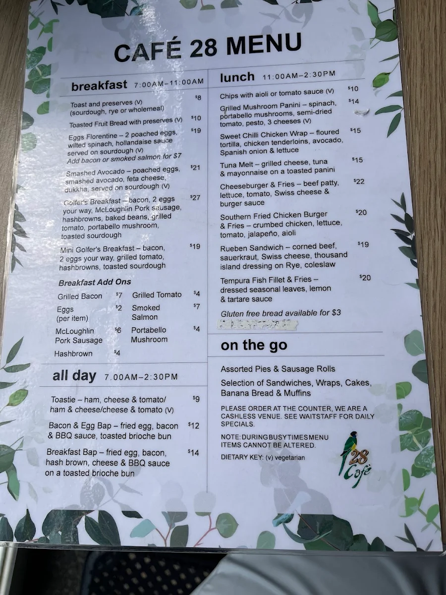 Menu, Cafe 28