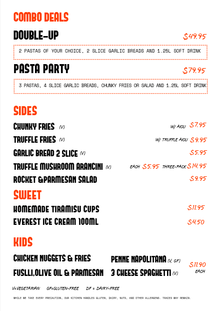 Menu, ROMA ROMA Pasta Bar