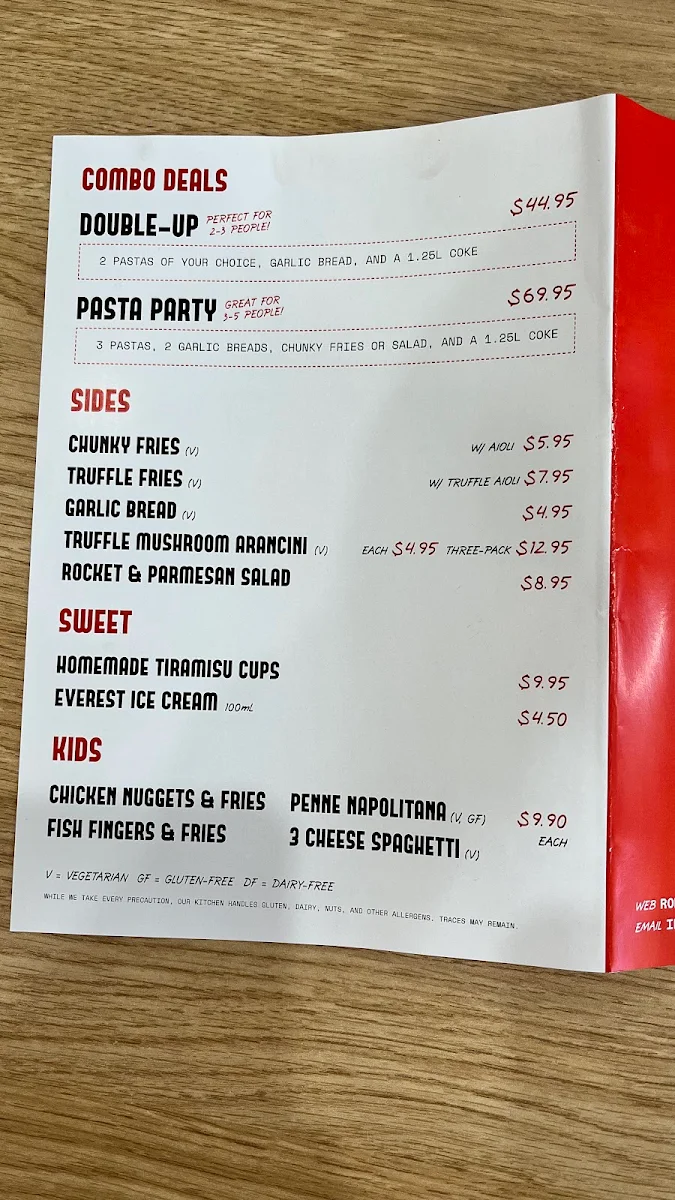 Menu, ROMA ROMA Pasta Bar