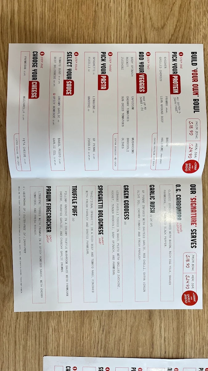 Menu, ROMA ROMA Pasta Bar