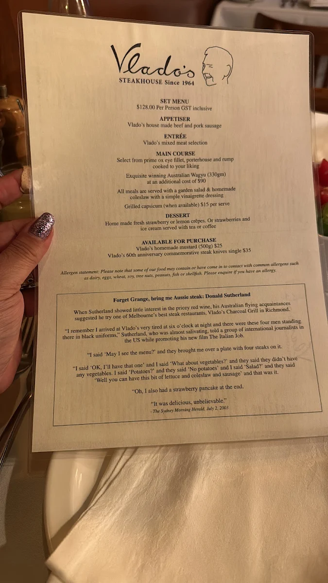 Menu, Vlado's Charcoal Grill