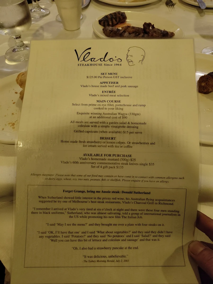 Menu, Vlado's Charcoal Grill