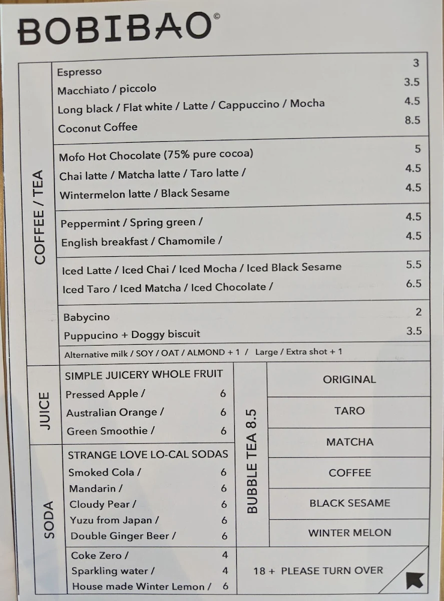 Menu, Bobibao
